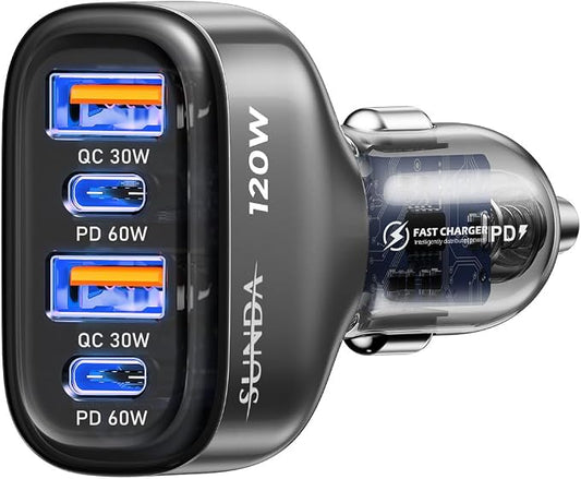 SUNDA 120W USB C Fast Car Charger, 4-Ports Car Charger Adapter, Dual Type C PD60W/PPS60W Compatible with iPhone15/14 Pro/Max/iPhone13/Galaxy/SamsungS23, Dual USB-A 18W QC3.0 for Android(Gray)