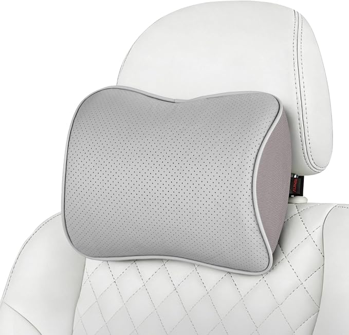 Aukee Car Headrest Pillow Car Memory Foam Car Neck Pillows Soft Leather for Driving Home Office Gray (Pack of 1)