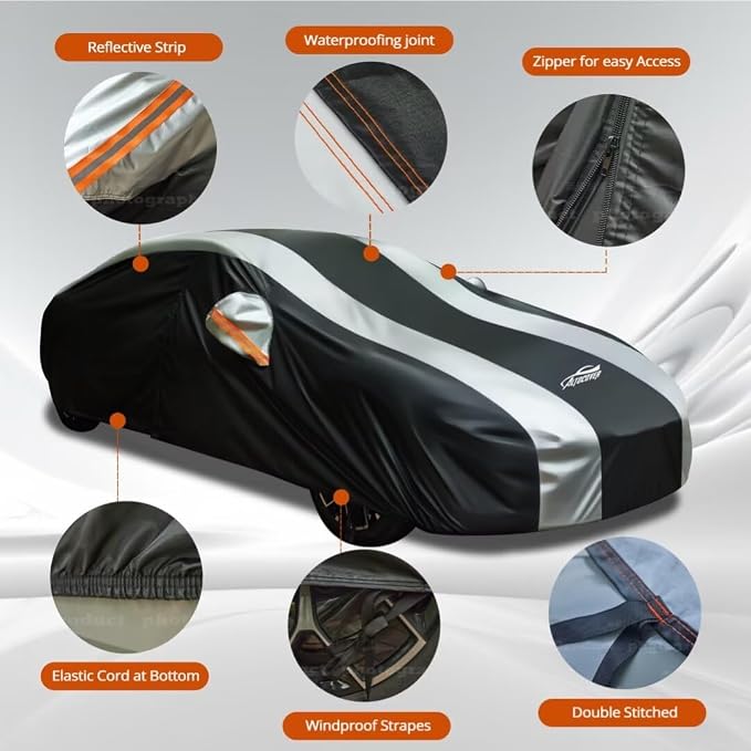 Waterproof Car Cover with Silver Stripe Design,Outdoor/Indoor Car Cover for Automobiles All Weather Waterproof Universal Fit Audi A8, Lexus LS, Jaguar XJ,Benz S-Class, BMW 7 Series