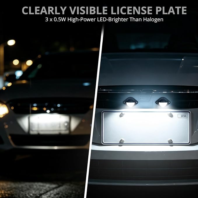 Justech 4 PCS 3 LED Round License Plate Light, 12V-24V IP65 Waterproof Tag Lights Lamp, Universal Number Plate Lights with 8 Screws for Trailers, Trucks, Vans, RVs, Caravans, Lorries - Black