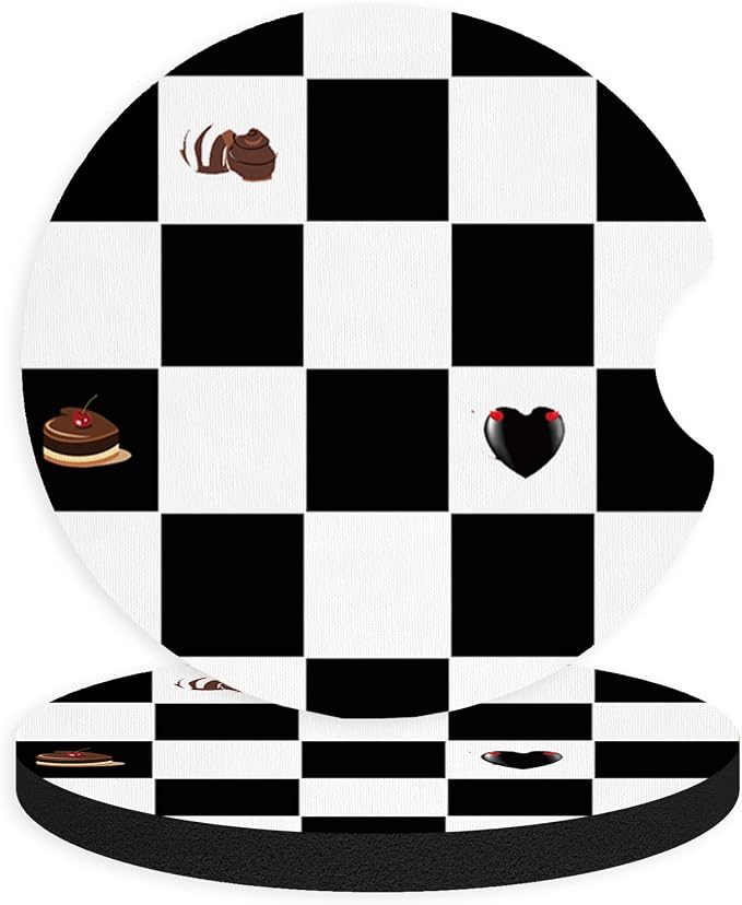 2pcs Black and White Checkerboard Car Coasters,Absorbent Universal neoprener Cup Holder Coasters with a Finger Notch,Car Accessories for Women&Man Interior，2.75"