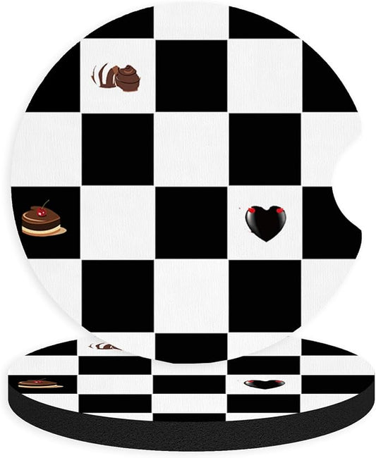 2pcs Black and White Checkerboard Car Coasters,Absorbent Universal neoprener Cup Holder Coasters with a Finger Notch,Car Accessories for Women&Man Interior，2.75"