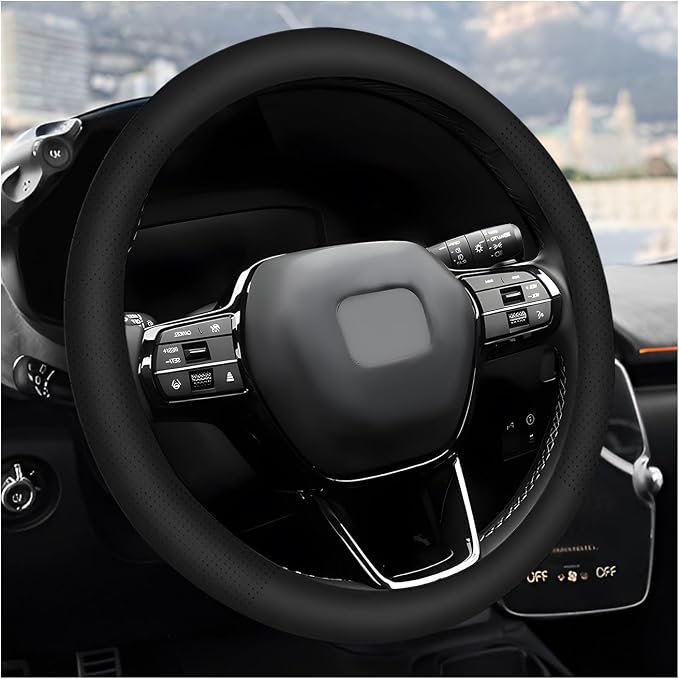 Car Steering Wheel Cover, 15" Breathable Leather Auto Wheel Protector with Comfortable Grip, Non-Slip Perforated Steering Wheel Protective Cover for SUV Truck Sedan Van (Black)