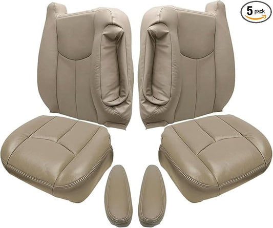 NLQR #522/52i Med Tan Driver & Passenger Bottom & Top Lean Back Replacement Leather Seat Covers & Armrests fit for Chevy Silverado Tahoe Suburban Avalanche GMC Yukon Sierra 1500 2500 3500 HD 2003-2007