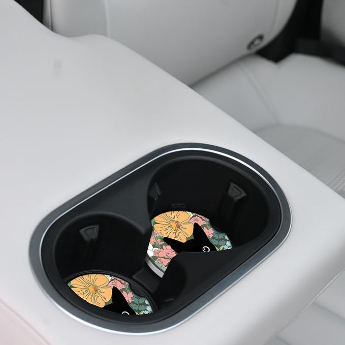 Cute Black Cat Car Coasters for Drinks Absorbent, 2 Pack Cup Holders, 2.56" Ceramic Stone & Non-Scratch Cork Base Coasters, Auto Accessories for Women & Men