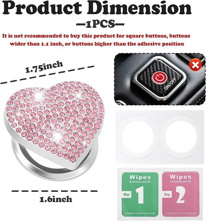 Bling Push Start Button Cover with Rhinestone,Heart Push to Start Button Cover for Car Decor,Diamond Engine Start Buttons Cover Car Accessories Interior for Women & Girl (Pink)
