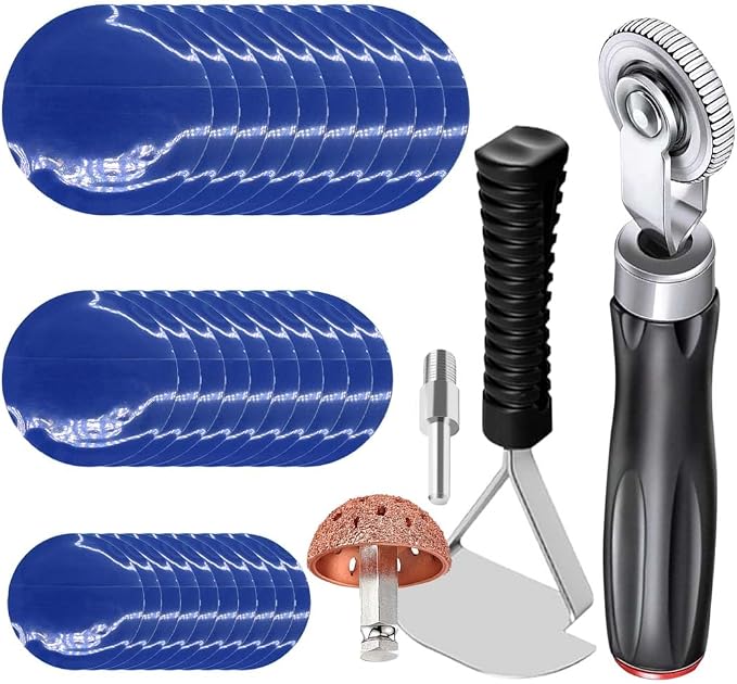 Tire Repair Patch Kit Heavy Duty, 35pcs Tire Repair Tools 42mm Tire Buffing Wheel 32/42/58mm Tire Patches with Tire Patch Roller Inner Liner Scraper for Car Motorcycle Bike Tractors Grinding