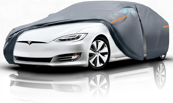 Waterproof Tesla Model S(2012-2026) Car Cover with Breathable Vents, [Upgrade] Premium Covers with Cotton Liner and Zipper Door,Sun Rain Snow Dust Uv Protection.(Gift with Towel)