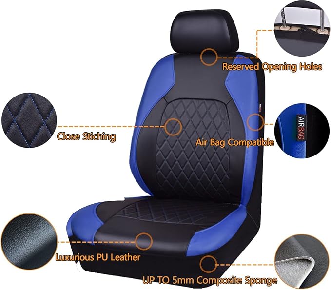 Universal Deluxe Pu Luxury Vinyl Faux Leather Car Seat Covers Two Front 6 Pieces Airbag Compatible Fit for Cars SUV Vehicles (Black and Blue)