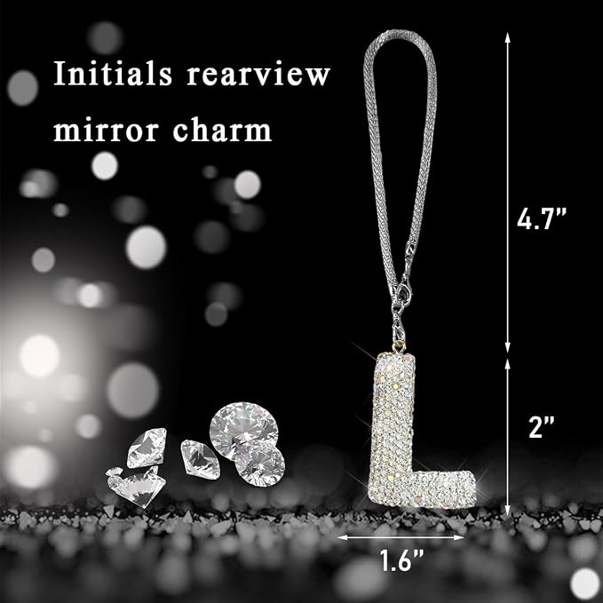 DXNQ Bling Initial Car Rear View Mirror Ornament, Crystal Sparkling Cute Letter Charm Pendant Auto Decor, Hanging Lucky Diamond Initial Charm Car Mirror Bag Ornament for Girl Women (Letter L)