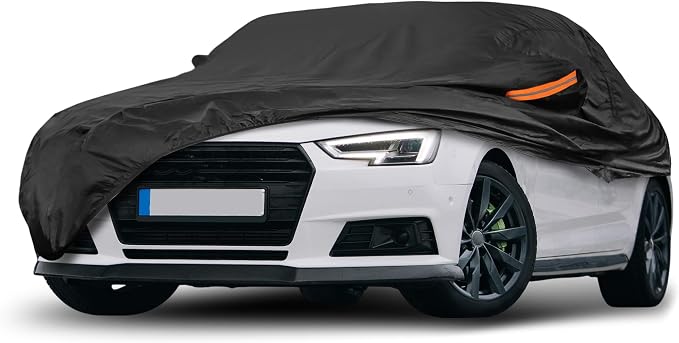 Black Heavy Duty Waterproof Car Cover for Sedan 185"-191" - All-Weather UV Protected Outdoor Full Exterior Cover with Sun/Snow/Rain Resistance