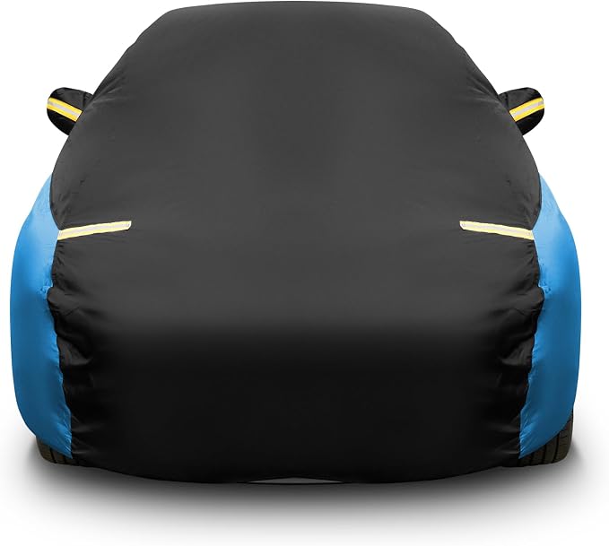 Riakrum Full Car Cover Waterproof All Weather for Automobiles Windproof Cover Rain UV Protection Sun Scratch Resistant Outdoor Universal(Fit Sedan Length/Small SUV (185-193") 59'' H,Black, Blue)