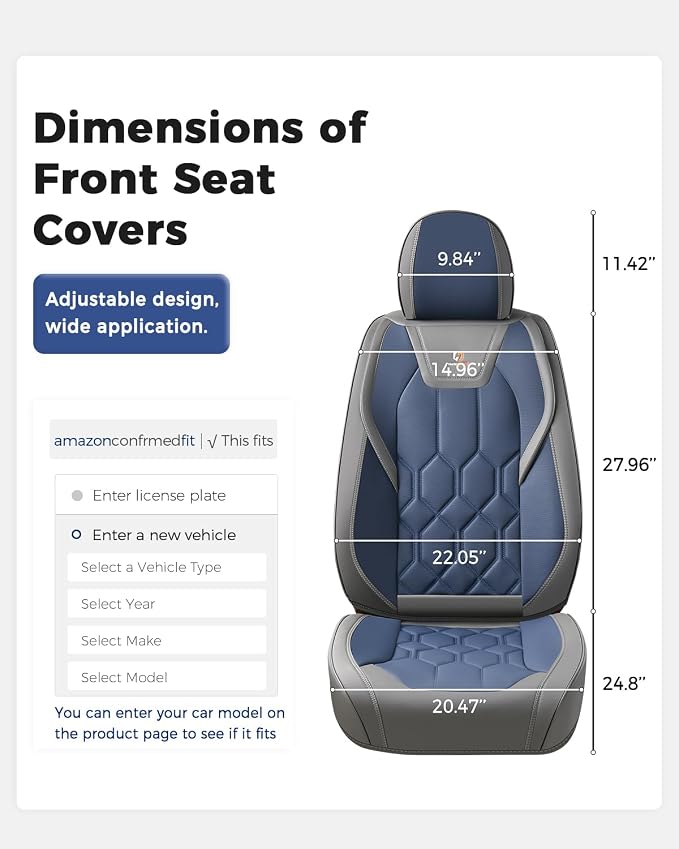 Huidasource Car Seat Covers, Universal Fit for Cars SUV Trucks, Gray&Blue | Full Coverage Leather Seat Cover, Airbag, Cupholder Compatible, Seat Function Retain, Easy Install with Velcro