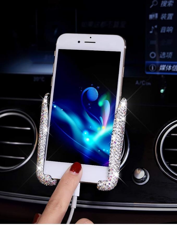 SUNCARACCL Bling Car Phone Holder Mini Dash Air Vent Phone Mount | Universal 360 Degrees Adjustable Rhinestone Phone Stand,Bling Car Accessories for Women and Girls (White Dimond)