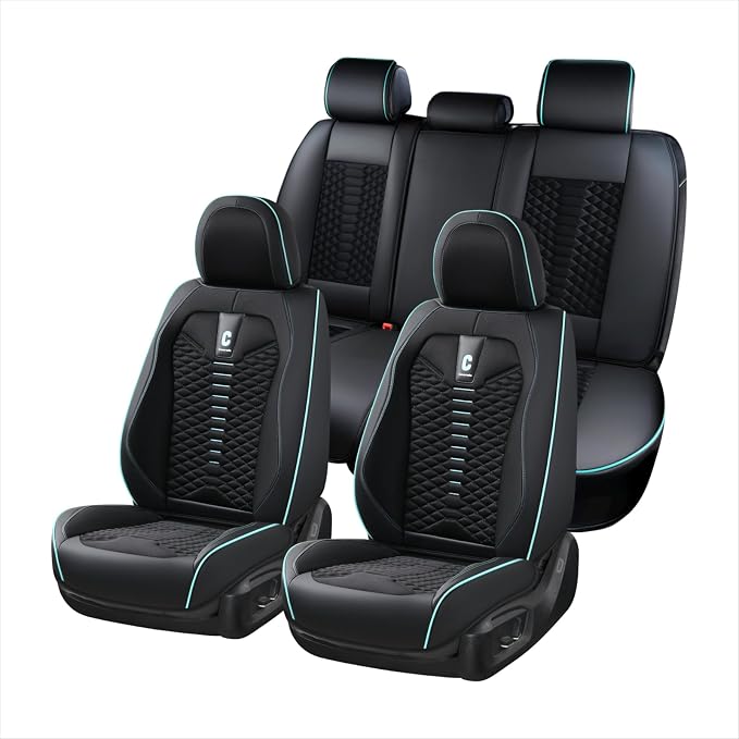 Coverado Car Seat Covers Full Set, 5 Seats Universal Seat Covers for Cars, Breathable Fabric Faux Leather Auto Seat Cushions, Front and Rear Seat Protectors Fit for Most Cars, Black& Blueline
