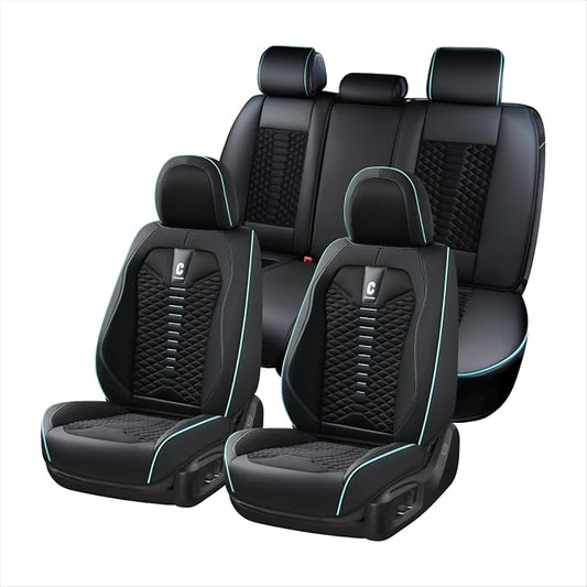 Coverado Car Seat Covers Full Set, 5 Seats Universal Seat Covers for Cars, Breathable Fabric Faux Leather Auto Seat Cushions, Front and Rear Seat Protectors Fit for Most Cars, Black& Blueline