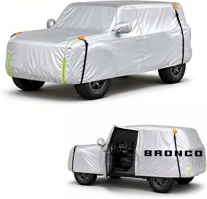 Wigoo Ford Bronco 4-Door Car Cover Accessories 2021-2026, Custom Fit Waterproof All Weather Outdoor Indoor Full SUV Cover, Windproof Sun UV Rain Snow Dust Protection, Door Zipper, Reflective Strips