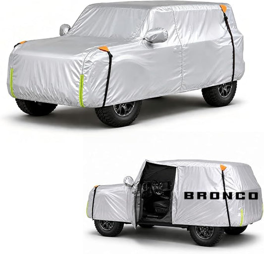 Wigoo Ford Bronco 4-Door Car Cover Accessories 2021-2026, Custom Fit Waterproof All Weather Outdoor Indoor Full SUV Cover, Windproof Sun UV Rain Snow Dust Protection, Door Zipper, Reflective Strips