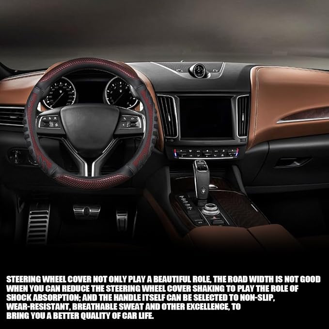 Osilly Car Steering Wheel Cover, Anti-Slip Leather Breathable Comfortable Automotive Steering Wheel Cover Protector Decoration for Men and Women, 15 Inch Universal for SUV, Truck, RV（Wine Red）