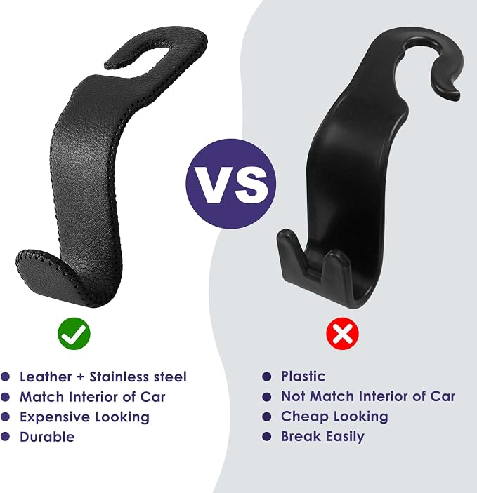 AMVOYOA Leather Car Seat Hooks - U-Shaped Purse Holder for Car, Fully Leather-Wrapped Headrest Hooks for Purses, Bags & Coats, Durable Seat Back Organizer for Travel & Daily Use (Black, 2 Pack)