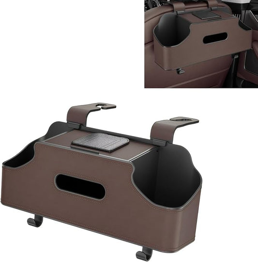 Car Organizer, Car Back Seat Organizer with 2 Drink Cup Holder, Leather Car Storage Box with Tissue Pouch, Multi-functional Behind Seat Storage Case, Universal for Most Vehicles (Brown)