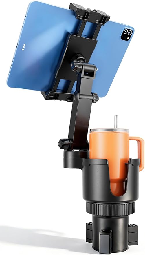 OHLPRO Cup Holder Tablet Mount for Car, Anti-Shake iPad Stand with Drink Holder Fits 5-17" iPad, Tab S10, iPhone, Heavy Duty Truck Vehicle Auto Accessories, Dual Handle Slots Large Mugs