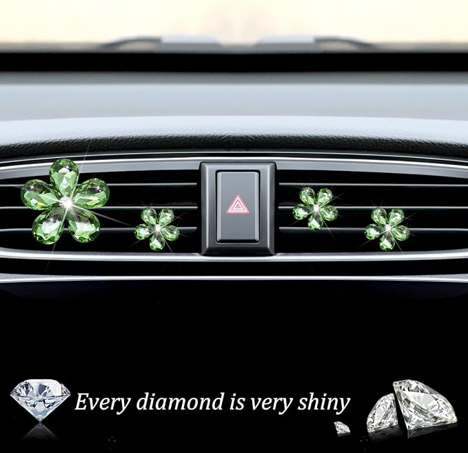 Zpana Bling Daisy Flower Car Air Vent Clips, 5PCS Sparkling Crystal Rhinestone Cute Vehicle Air Conditioning Clamp, Diamond Auto Air Outlet Clip Decor for Women Girls, Universal Fit (Green)