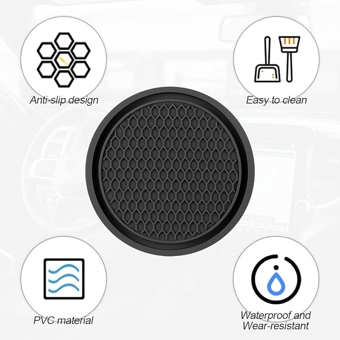 Osilly 4 Pack Car Coaster, 2.75 Inch PVC Anti Slip Cup Holder Insert Coaster, Honeycomb Waterproof Drink Mat Suitable for Most Car Interior, Universal Vehicle Accessories for Women and Men (Black)
