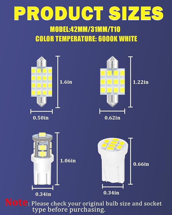 24 Pieces Car interior led lights Dome Bulb Kit Set T10 194 578 42mm DE3175 31mm Bulb Interior Replacement for Car Map License Plate Door Side Marker Trunk Light, White
