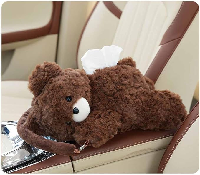 Tissue Box Cover Plush Tissue Box Holder for Car, Home, Decorative Holder/Organizer for Bathroom Vanity Countertop, Nightstands, Office Desk- Deep Brown Bear