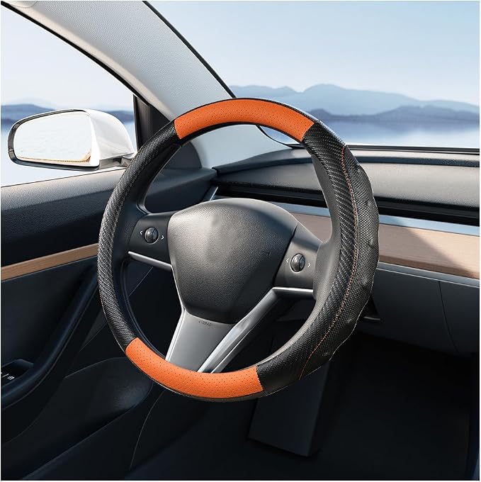 Car Steering Wheel Cover, Breathable Carbon Fiber Vehicle Steering Wheel Protector with Anti-Slip Lining, Automotive Interior Accessories, Universal for SUV RV Truck (Black Orange)