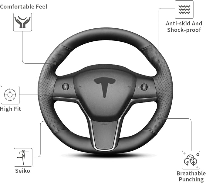 Hand Sewn Steering Wheel Cover,Fit for Tesla Model 3 2017-2023/Model Y 2020-2023,Non-Slip Breathable Microfiber Leather Steering Wheel Cover On Wrap Car Interior Accessories