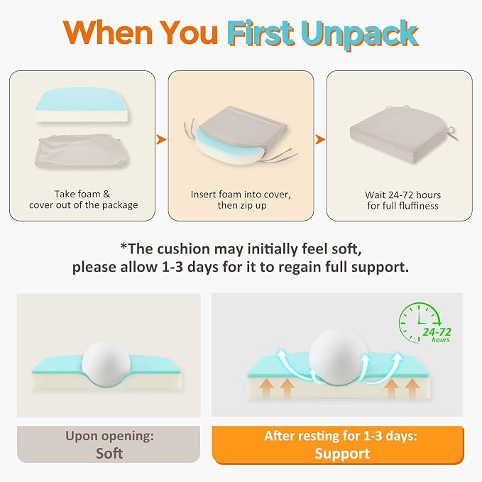downluxe Chair Cushions for Dining Chairs, Memory Foam Linen Kitchen Chair Pads with Ties, Waterproof, Stain-Resistant and Washable Cover, 17" x 16" x 2.5", Beige, 4 Pack