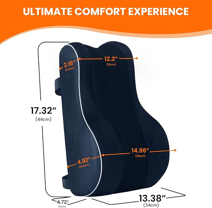CloudBliss Ergonomic Lumbar Support Pillow Seat Cuhsion - Memory Foam for Lower Back Pain Relief, Adjustable Straps & Mesh Cover for Office, Gaming, Car Seat (Medium, Blue)