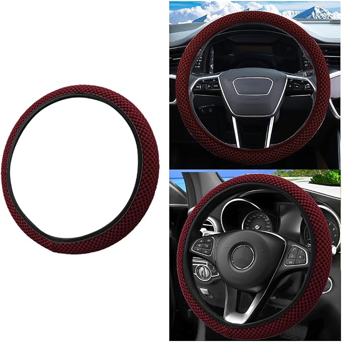 Car Elastic Stretch Steering Wheel Cover, 14.5-15" Breathable Ice Silk Anti-Slip Vehicle Steering Wheel Protector, Comfy Auto Interior Protection Accessories, Universal Fit (Wine Red)