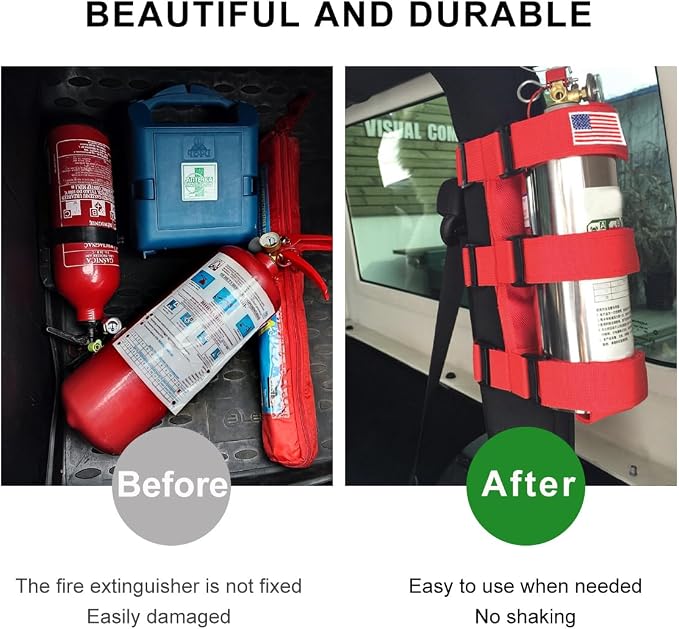 Fire Extinguisher Holder, Roll Bar Adjustable Extinguisher Strap Brackets with USA Flag Pattern, Secure Fire Extinguishers Mount Replacement for Wrangler CJ JK JKU TJ JL JLU (Red)