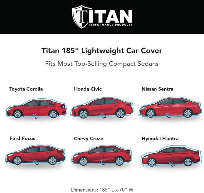 Titan Jet Black Poly 210T Car Cover for Compact Sedans 176-185". Waterproof, UV Protection, Scratch Resistant, Driver-Side Zippered Opening. Fits Corolla, Sentra, Cruz and More.