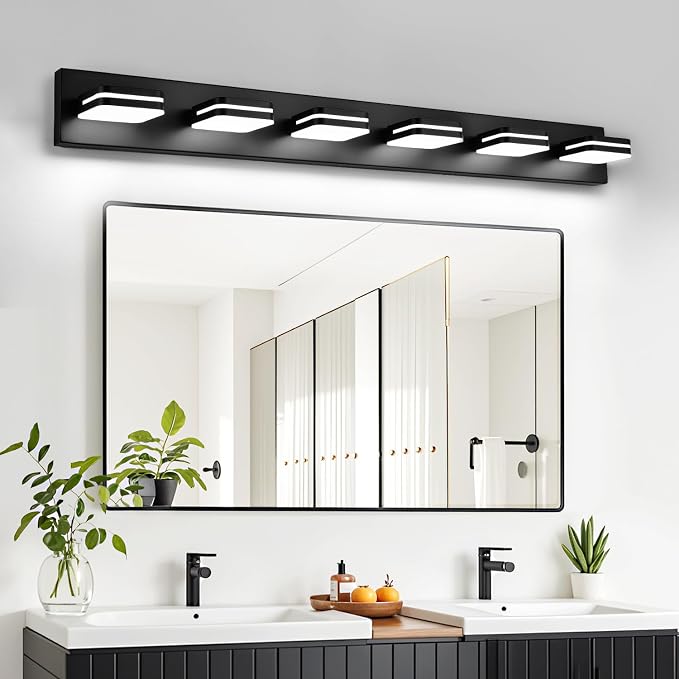 Torondo 360° Rotate LED Bathroom Vanity Light Fixtures, Acrylic Vanity Lights for Bathroom, Modern Wall Lighting Fixtures Over Mirror Living, Matte Black, Natural White, 6-Light, 39-Inch