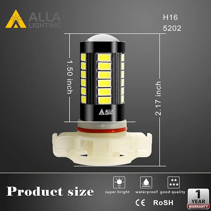 Alla Lighting Super Bright 5202 PS19W LED Fog Light Bulbs PS24WFF 5201 DRL, 6000K Xenon White 2800Lms 12V Replacement 5730 33-SMD LEDs