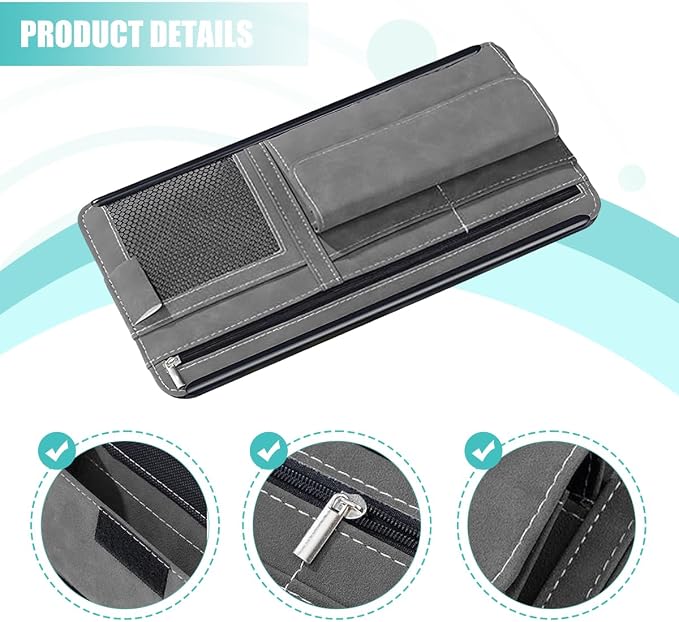 Car Sun Visor Organizer, Multi-Pocket Vehicle Sun Visor Storage Pouch with Sunglasses Box, Auto Interior Sunshade Eyeglasses Card Holder Organizers, Universal for SUV Sedan Truck (Gray)