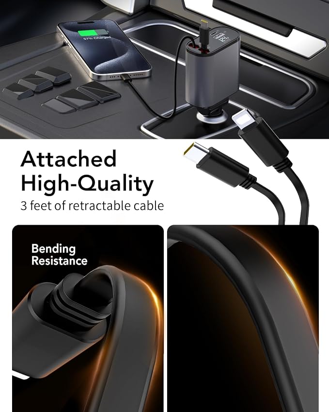 Retractable Car Charger,Car Phone Charger USB C Fast Charge for iPhone | EloBeth Car Charger,Cigarette Lighter USB Charger Car Accessories,Road Trip Essentials Gift for Men,for iPhone 17/16,Galaxy