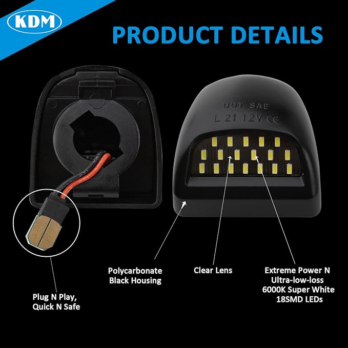 KDM LED License Plate Lights fit for 1999-2013 Chevy Silverado GMC Sierra 1500 2500 3500 HD Suburban Tahoe Cadillac Escalade EXT Yukon XL, 6000K White Black Housing 2pcs pack