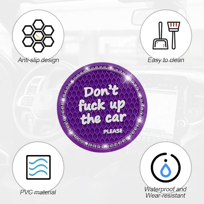 2 Pack Bling Car Coasters for Cup Holder, Crystal Rhinestone 2.75 in Cup Holder Coaster, Silicone Anti-Slip Insert Cup Mats for Women, Interior Accessories Universal for Most Cars (Purple)