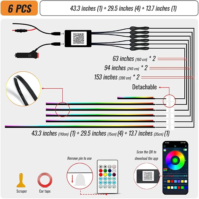 Ambient Lighting Car Led Lights Interior Kit,6 in 1 RGB Music Sync Acrylic Led Lights for Car Interior,175 inches DIY Fiber Optic Neon Accent Strip Ambiance Lighting with Wireless APP Remote