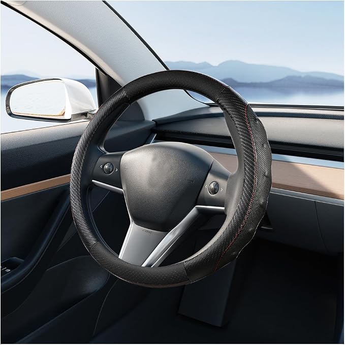 Car Steering Wheel Cover, Breathable Carbon Fiber Vehicle Steering Wheel Protector with Anti-Slip Lining, Automotive Interior Accessories, Universal for SUV RV Truck (Black)
