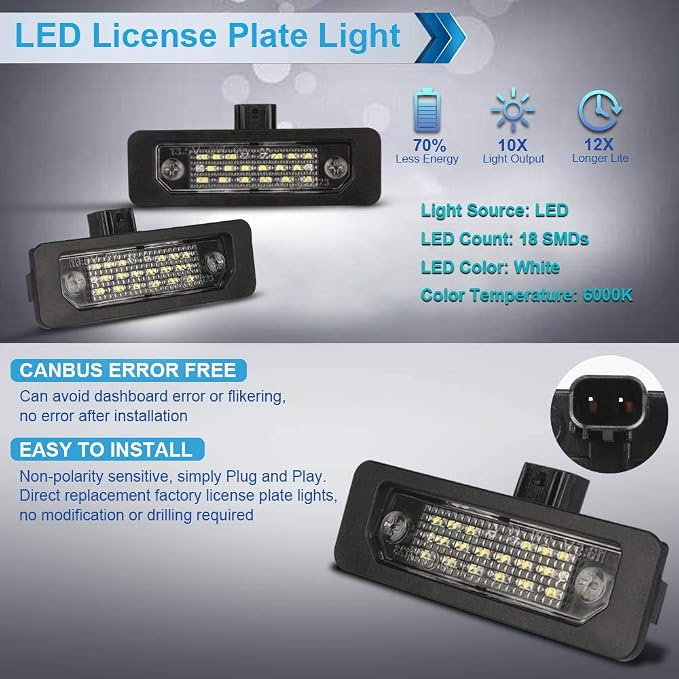 LED License Plate Light Lamp Assembly Compatible with Mustang Fusion Taurus Flex Focus Lincoln MKS MKT MKX MKZ Mercury Sable Milan 6000K White, Pack of 2