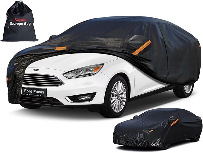 Kayme 7 Layers Sedan Car Cover Custom Fit for Ford Focus (1999-2025), Waterproof All Weather for Automobiles,Rain Sun UV Protection.Black