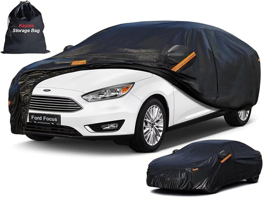 Kayme 7 Layers Sedan Car Cover Custom Fit for Ford Focus (1999-2025), Waterproof All Weather for Automobiles,Rain Sun UV Protection.Black