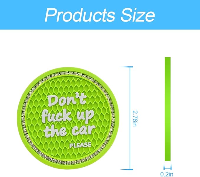 2 Pack Bling Car Coasters for Cup Holder, Crystal Rhinestone 2.75 in Cup Holder Coaster, Silicone Anti-Slip Insert Cup Mats for Women, Interior Accessories Universal for Most Cars (Green)
