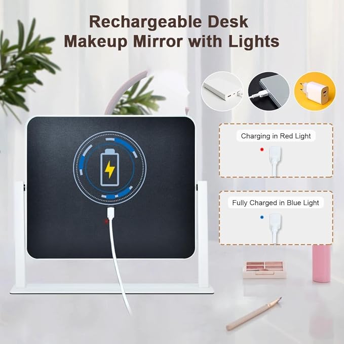 YEKKOPT Rechargeable Vanity Mirror with Lights, 10"×12" LED Makeup Mirror, Smart Touch Control, 3 Color Lighting with Adjustable Brightness,Cosmetic Mirror for Bedroom, Vanity Desk, Beauty Routine